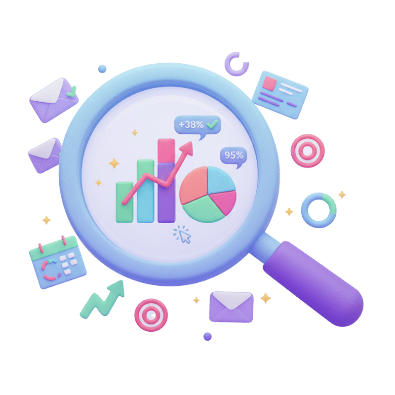 Ilustración de análisis de datos y reportes visuales de MailRoll para optimizar campañas de email marketing