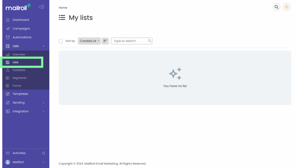 Vista del menú lateral de MailRoll mostrando la sección Lists