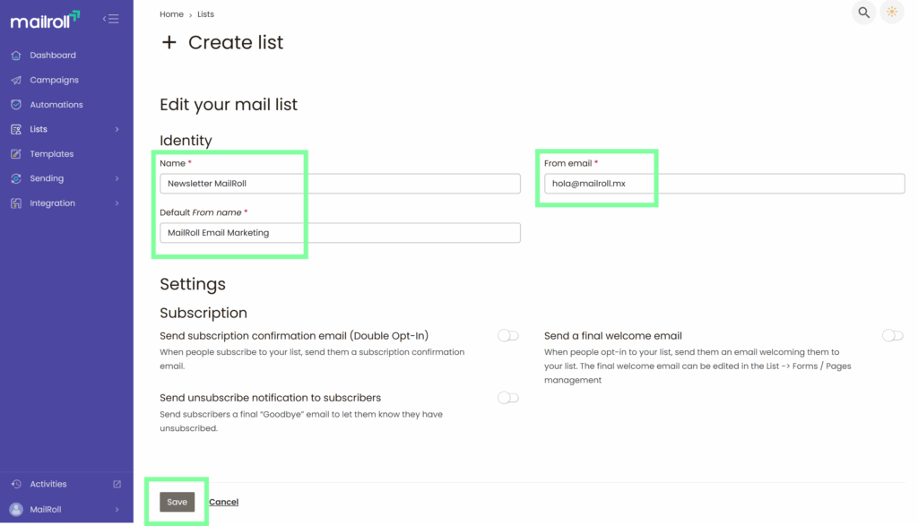 Pantalla para crear una nueva lista en MailRoll